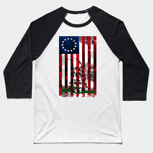 Distressed Vertical Betsy Ross Gadsden Flag Baseball T-Shirt by DazzlingApparel